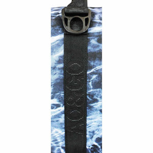 Black strap with embossed logo and plastic D ring on blue and white patterned fabric