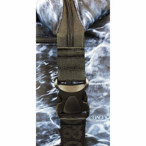 Close up of black plastic side release buckle and nylon webbing strap on Element backpack