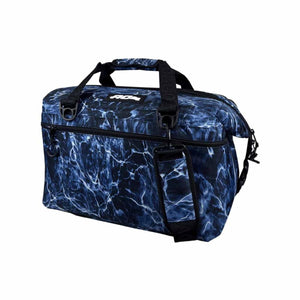 AO Coolers soft sided cooler bag in blue water pattern with black handles and shoulder strap