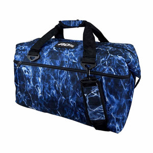 AO Coolers duffel bag with blue water pattern and black handles