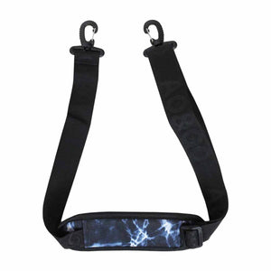 Black adjustable shoulder strap with blue and white tie dye pattern shoulder pad and plastic swivel clips