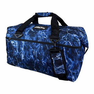 AO Coolers duffel bag with blue water pattern and black handles
