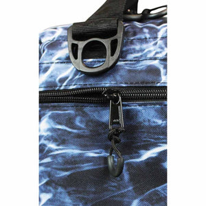 AO Coolers blue water pattern soft cooler bag zipper and strap detail