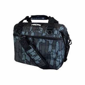 AO Coolers soft sided cooler in dark grey and black camouflage pattern with shoulder strap