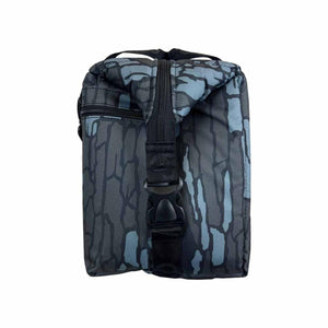 Blue and grey bark camouflage pattern soft cooler bag with black buckle strap