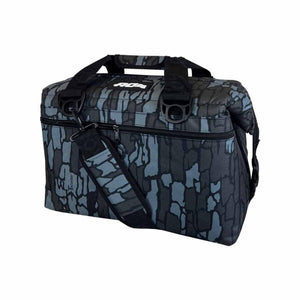 AO Coolers soft cooler bag in grey and black tree bark camouflage pattern with shoulder strap
