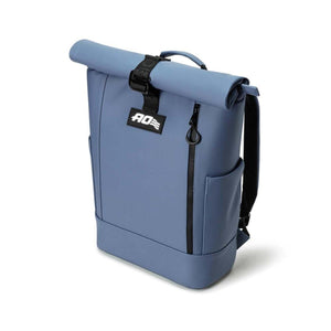Blue roll top backpack with AO logo patch and black zipper detail