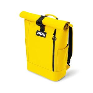 Yellow roll top backpack with black straps and AO logo patch