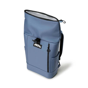 Blue AO roll top backpack with black zipper and buckle closure