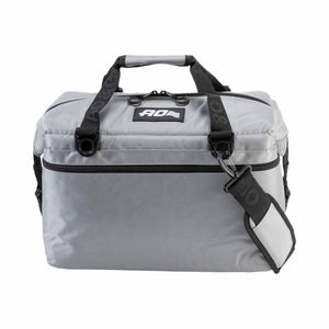 AO Coolers silver soft sided cooler bag with black handles and shoulder strap