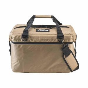 Tan AO Coolers soft cooler bag with black handles and shoulder strap