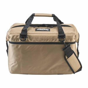 Tan AO Coolers soft sided cooler bag with black straps and shoulder pad