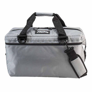 Silver AO Coolers soft sided cooler bag with black handles and shoulder strap