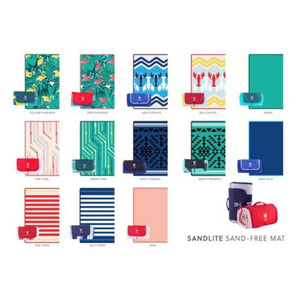Collection of Sandlite sand-free mats in various patterns and solid colors