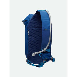 Side view of blue Nathan hydration backpack with mesh back panel and drinking tube