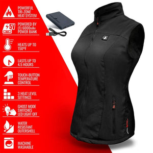 ActionHeat black heated vest with power bank and feature list