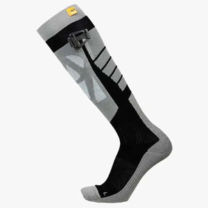 Arctic Volt grey and black knee high heated sock with battery attachment clip