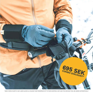 Person wearing Arctic Volt liner gloves with a combo discount graphic