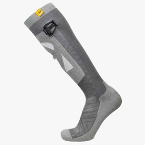 Arctic Volt grey knee high compression sock with black battery clip and Heat Ready label