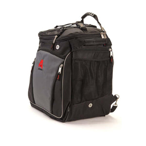 Athalon black and grey backpack with multiple zippered compartments and side mesh pocket