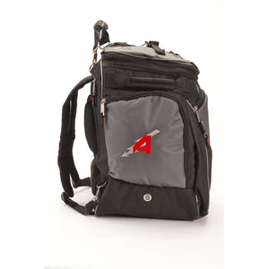 Black and grey backpack with a red A logo on the side pocket