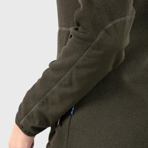 Close up of olive green FjallRaven sweater sleeve with reinforced elbow patch