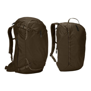 Two Thule olive green backpacks shown from side and front angles