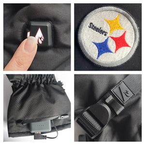 ActionHeat heated glove features power button, Steelers logo patch, battery compartment, and adjustable wrist buckle