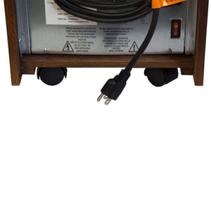Back panel of World Marketing heater with power cord and warning labels