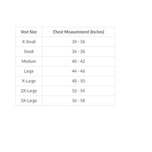 Gears Canada vest size chart showing chest measurements in inches for sizes extra small through 3X large