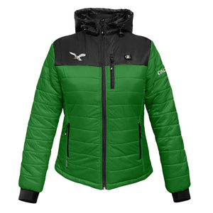 Green and black hooded puffer jacket with Eagle logo on chest