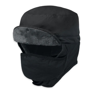 Outdoor Research black trapper hat with faux fur lining and integrated face mask