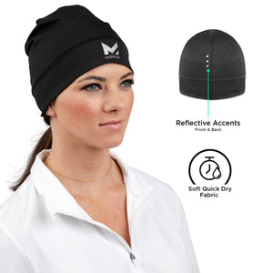 Mission black beanie with reflective accents and quick dry fabric