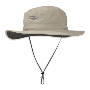 Outdoor Research tan sun hat with chin strap and OR logo