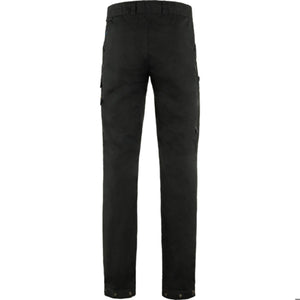 Back view of black FjallRaven trousers with side pockets and buttoned cuffs