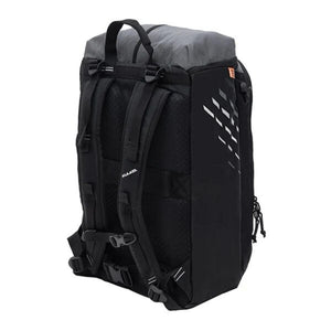 Kulkea black and grey backpack showing the back panel and shoulder straps