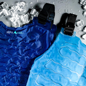 Two Alpha Cool gel cooling packs with black straps surrounded by ice cubes