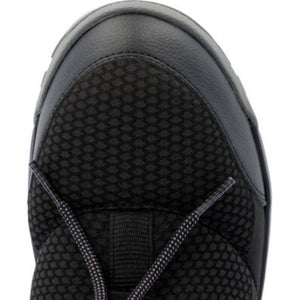 Close up of the black toe and lace area of an Xtratuf boot