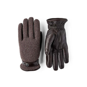 Hestra brown leather and ribbed knit gloves