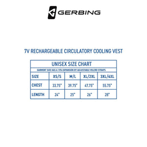 Gerbing 7V rechargeable circulatory cooling vest unisex size chart showing chest and length measurements by size