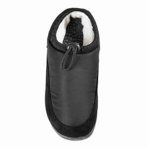 Black slip on slipper with white faux fur lining and adjustable toggle drawstring