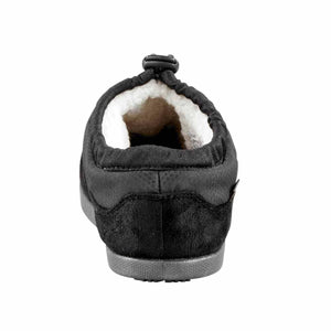 Rear view of a black slip on slipper with white fleece lining and a toggle closure