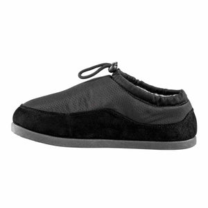 Black slip on slipper with toggle closure and textured upper