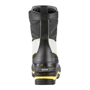 Back view of Baffin black winter boot with yellow accents and reflective strip