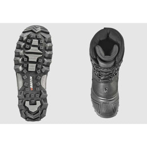 Baffin winter boot showing the treaded rubber outsole and top view of the black lace up boot