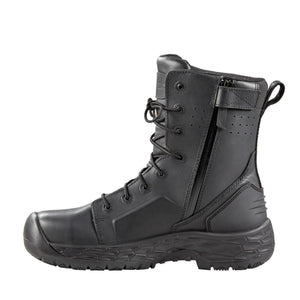 Black leather tactical boot with side zipper and lace up closure