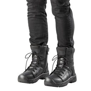 Person wearing black Gaffin tactical boots with black jeans