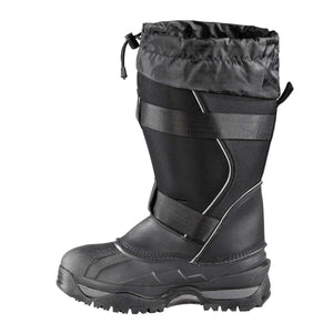 Black insulated winter boot with adjustable drawstring collar and hook and loop strap