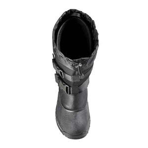 Top view of a black Baffin winter boot with adjustable buckle straps and a drawstring collar