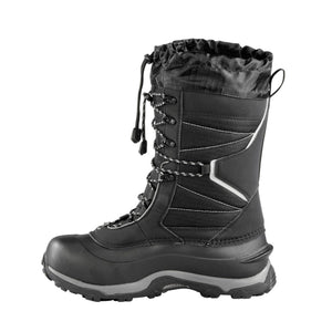 Black winter boot with drawstring cuff and lace up closure